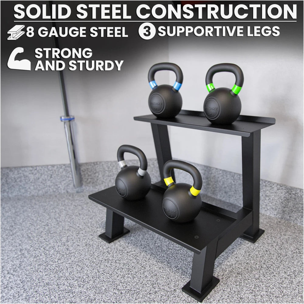 Black metal kettlebell stand with kettlebells on a gray floor, emphasizing solid steel construction.