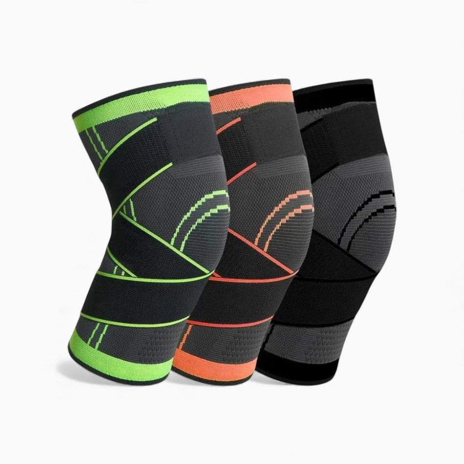 Three knee brace in black with green, orange, and gray accents on a white background