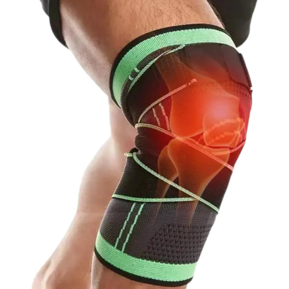 Knee brace with a close-up of a knee joint showing red inflammation on a white background
