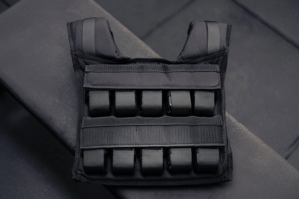 Black weight vest on a gray background