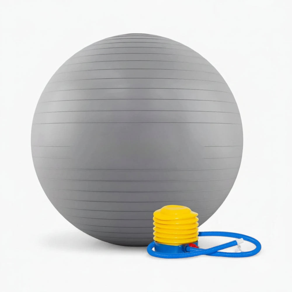 Gray exercise ball with pump on a white background,