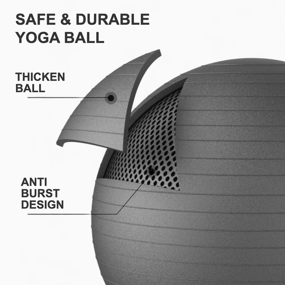 Gray yoga ball with anti-burst design features labeled on a white background