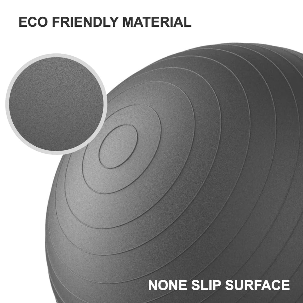 Gray exercise ball with eco-friendly material and non-slip surface text on a white background