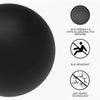 Black exercise ball and feature icons on a white background