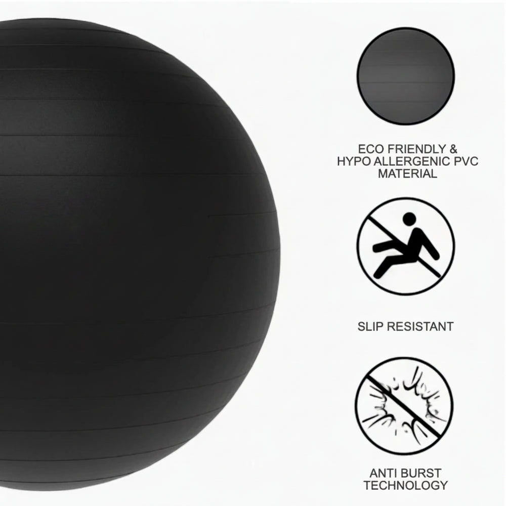 Black exercise ball and feature icons on a white background