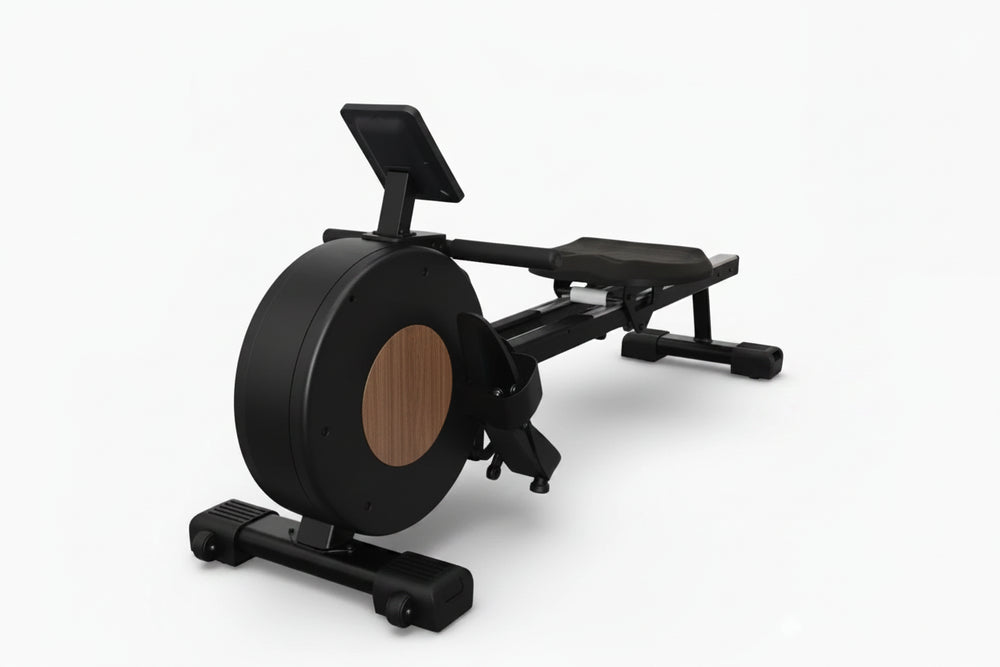 Rowing machine with wooden detail on a white background
