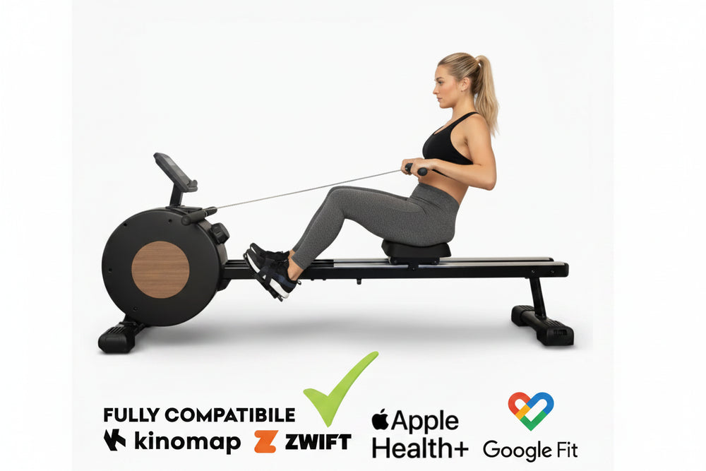 Woman using a magnetic rowing machine with compatibility logos for kinomap, Zwift, Apple Health+, and Google Fit on a white background.