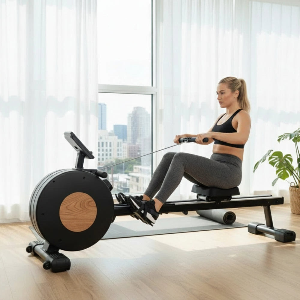 Woman exercising on a rowing machine in a bright room with large windows.
