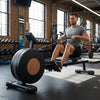 Man using a rowing machine in a gym setting