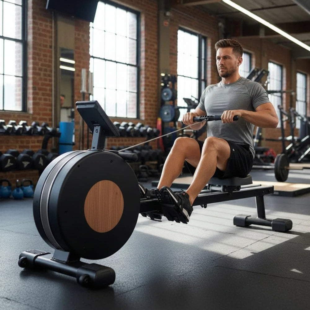Man using a rowing machine in a gym setting