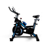 Black and blue exercise bike on a white background