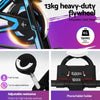 Fitness bike with 13kg heavy-duty flywheel, adjustable resistance, and phone/tablet holder on a purple background.