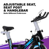 Exercise bike with adjustable seat, seat post, and handlebar on a white background
