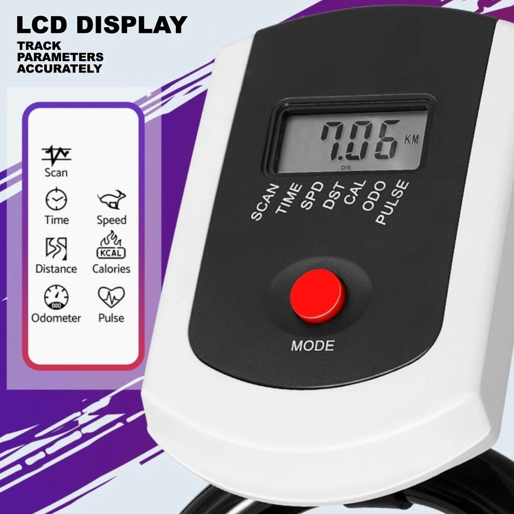 Digital device with LCD display and red button on a white background
