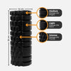 Black foam roller with massage text and measurements on a white background