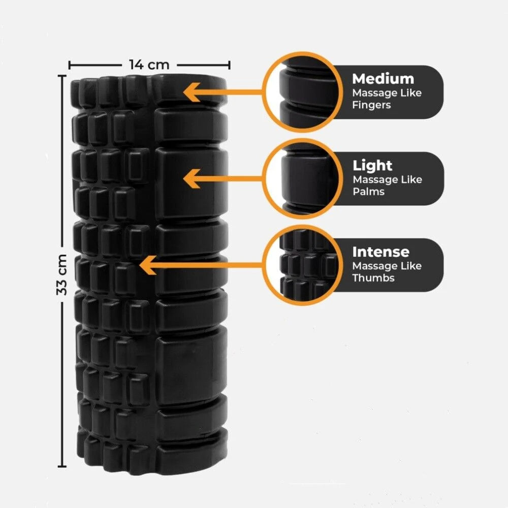 Black foam roller with massage text and measurements on a white background