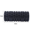 Black foam roller with measurements on a white background