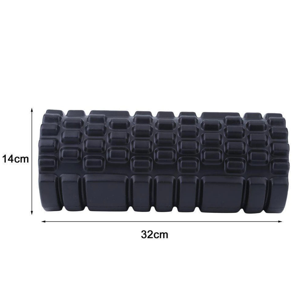 Black foam roller with measurements on a white background