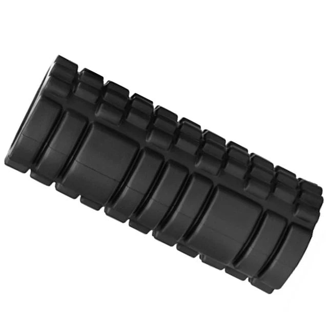 Black textured foam roller on a white background