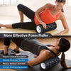 Woman using a foam roller for muscle recovery with text highlighting benefits.