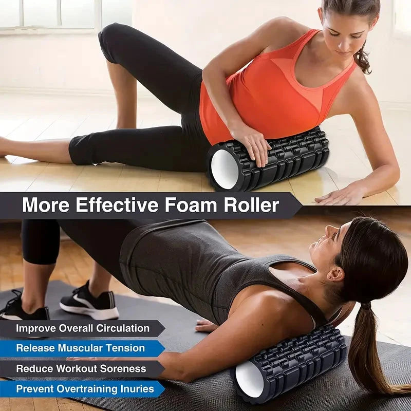 Woman using a foam roller for muscle recovery with text highlighting benefits.