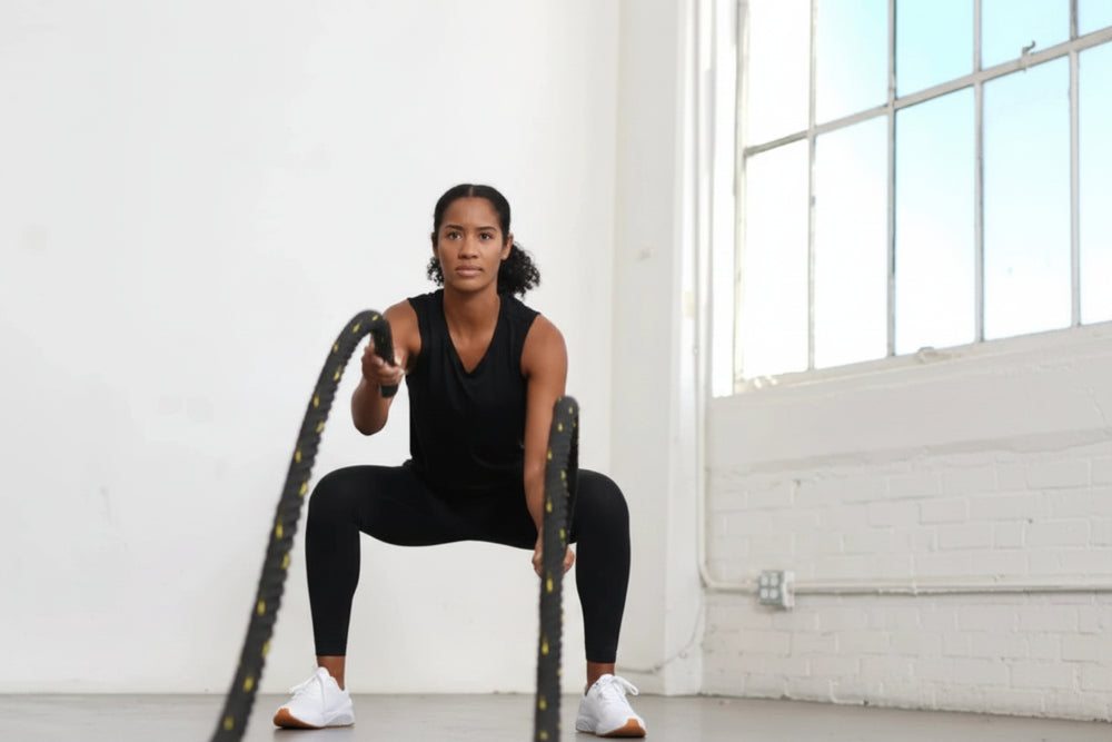 Woman exercising with battle ropes in a bright room