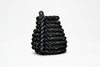 Black battle rope with yellow accents on a white background