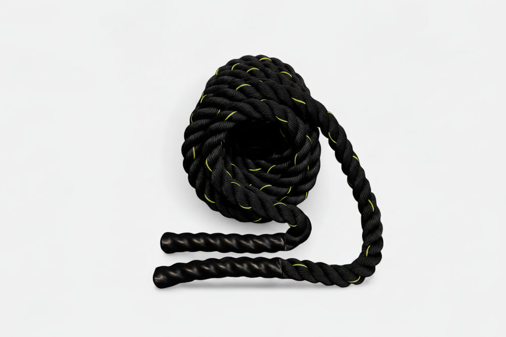 Black battle rope with handles on a white background