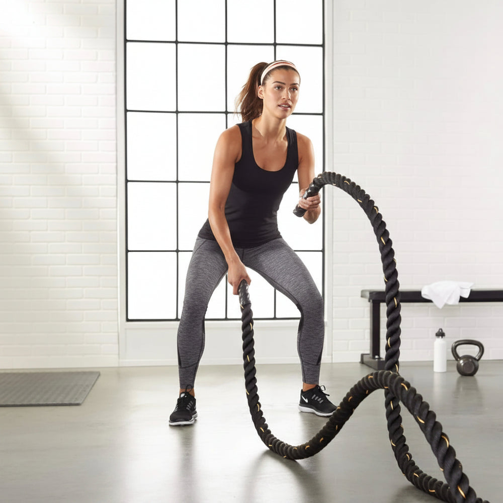 Woman exercising with battle ropes in a gym setting