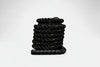 Black battle rope with yellow accents on a white background