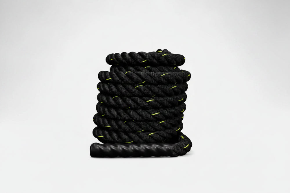 Black battle rope with yellow accents on a white background