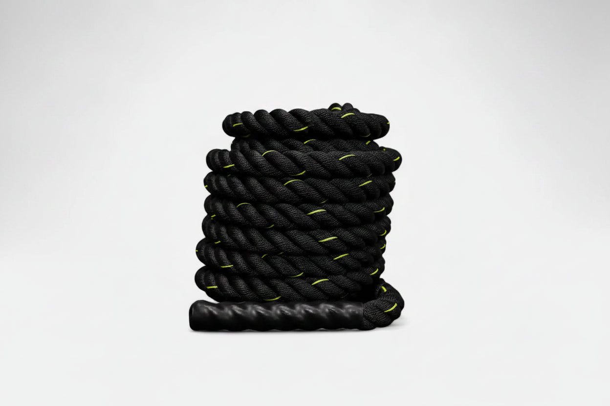 Black battle rope with yellow accents on a white background - for Sale Jump Rope | Gym Superstore
