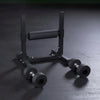 Black bulgarian split squat stand on a with dumbbells on a dark background