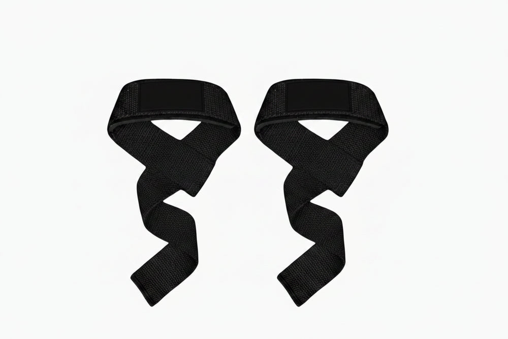 Pair of black gym weight lifting straps on a white background