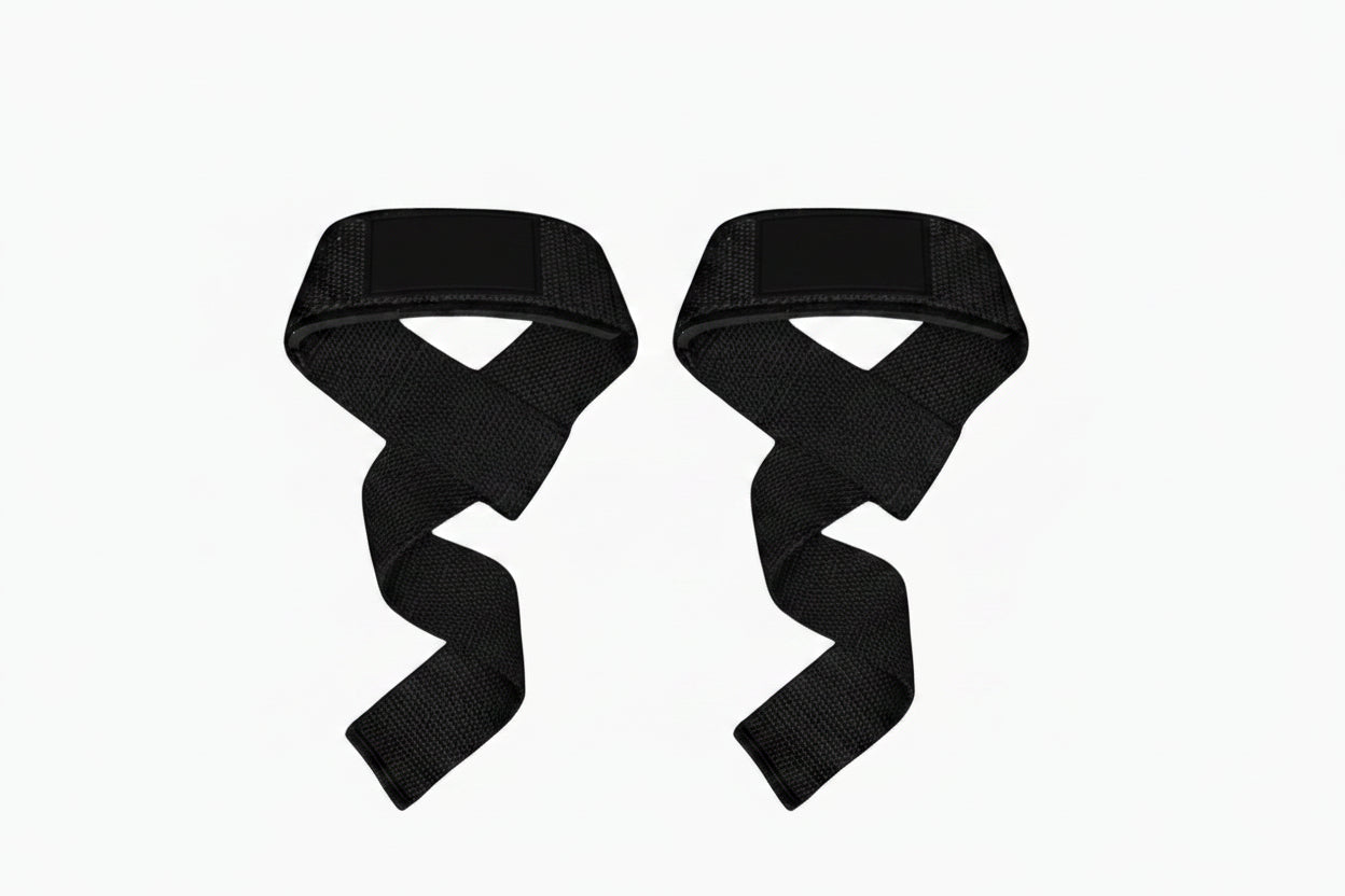 Pair of black gym weight lifting straps on a white background Main image