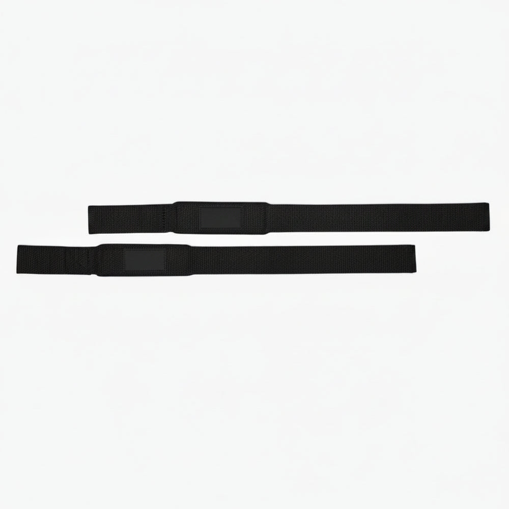 Two black weight lifting bands on a white background