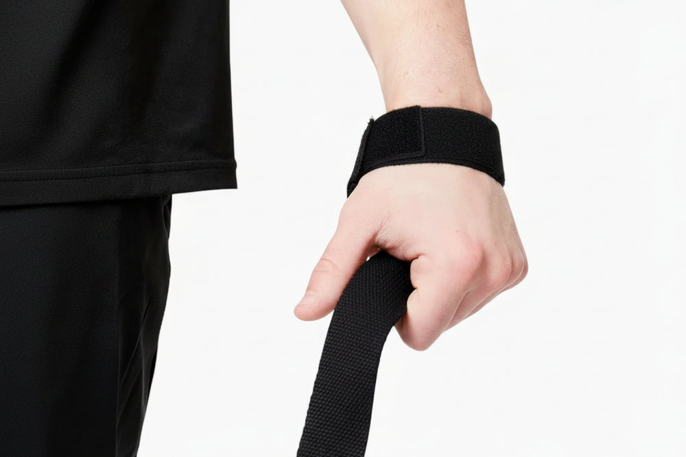 Wrist wearing a black wrist support on a white background