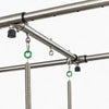 Metal hanging system with hooks and green rings on a white background