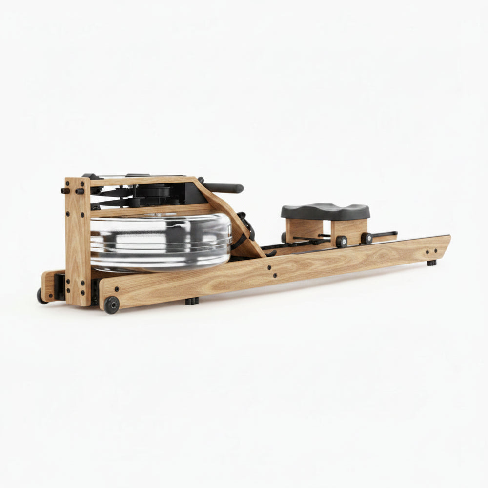 Wooden rowing machine with water tank on a white background