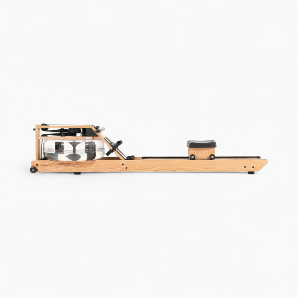 Wooden rowing machine with metallic components on a white background