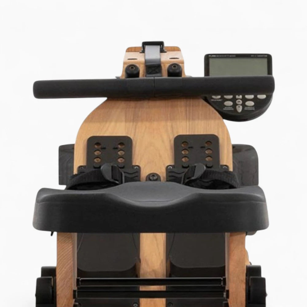 Wooden water rowing machine with led display on a white background