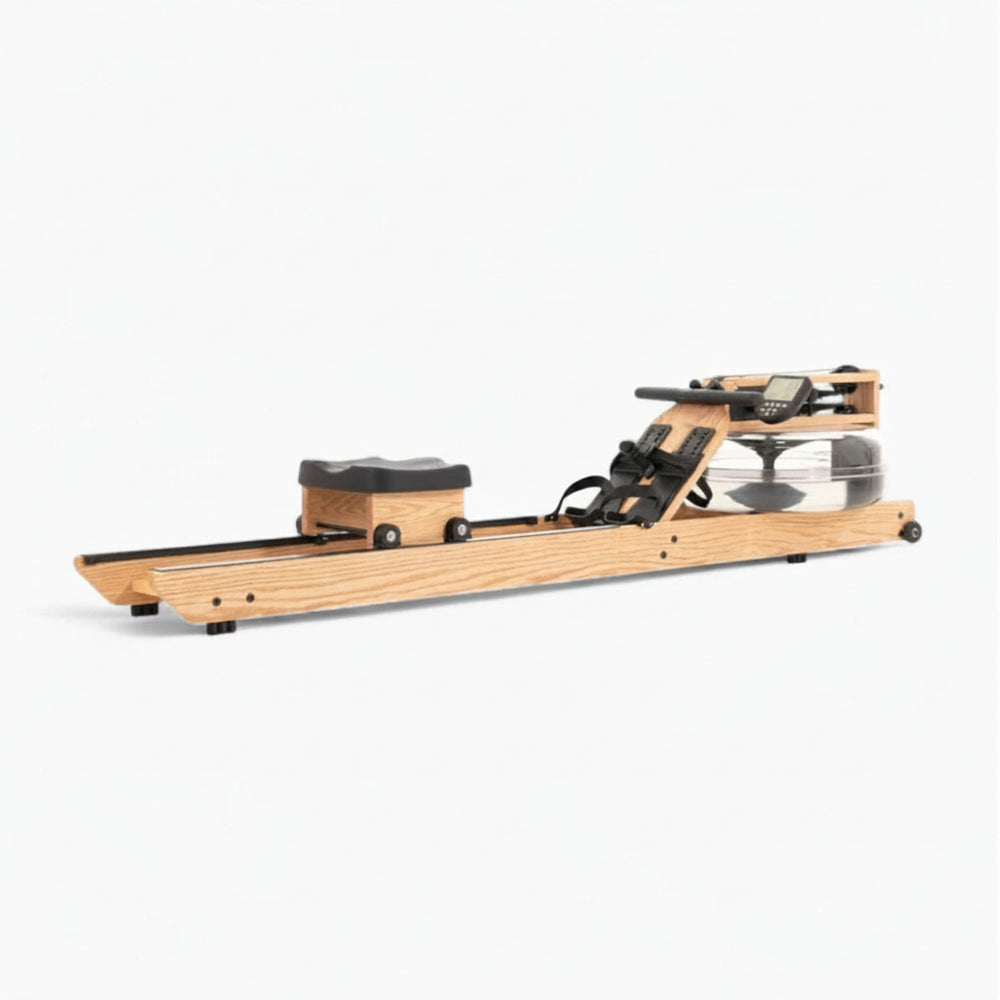 Wooden water rowing machine with black seat on a white background