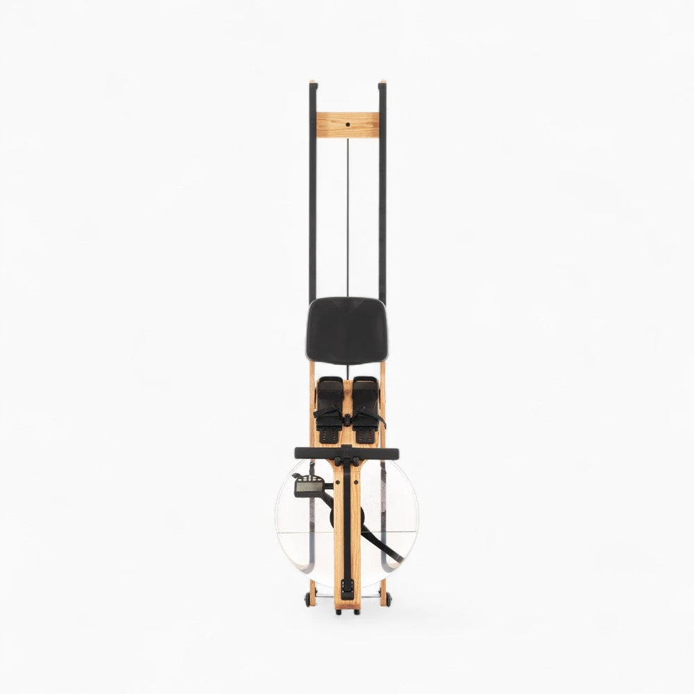 Wooden exercise machine with black seat on a white background