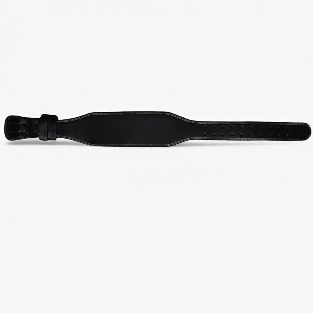 Black leather weight lifting strap on a white background