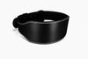 Black leather weight lifting strap with white stitching