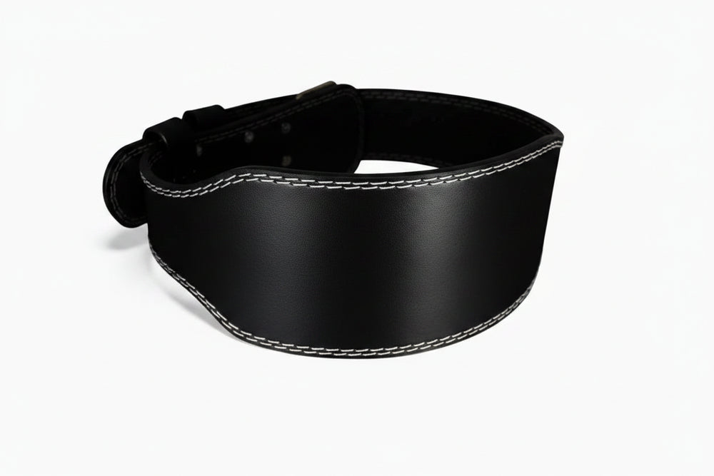 Black leather weight lifting strap with white stitching
