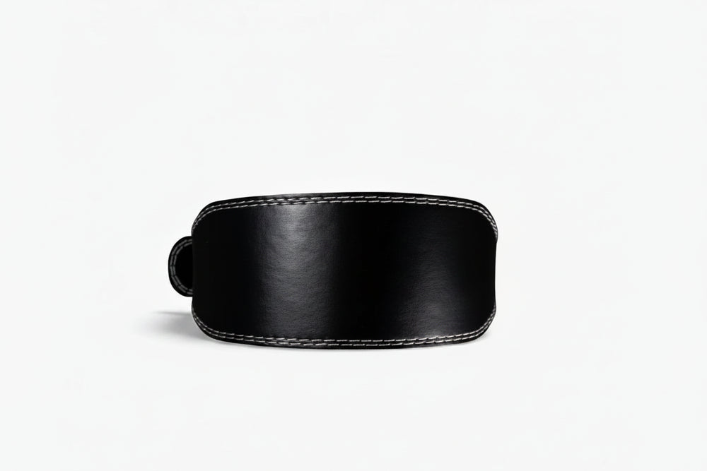 Black leather weight lifting belt on a white background