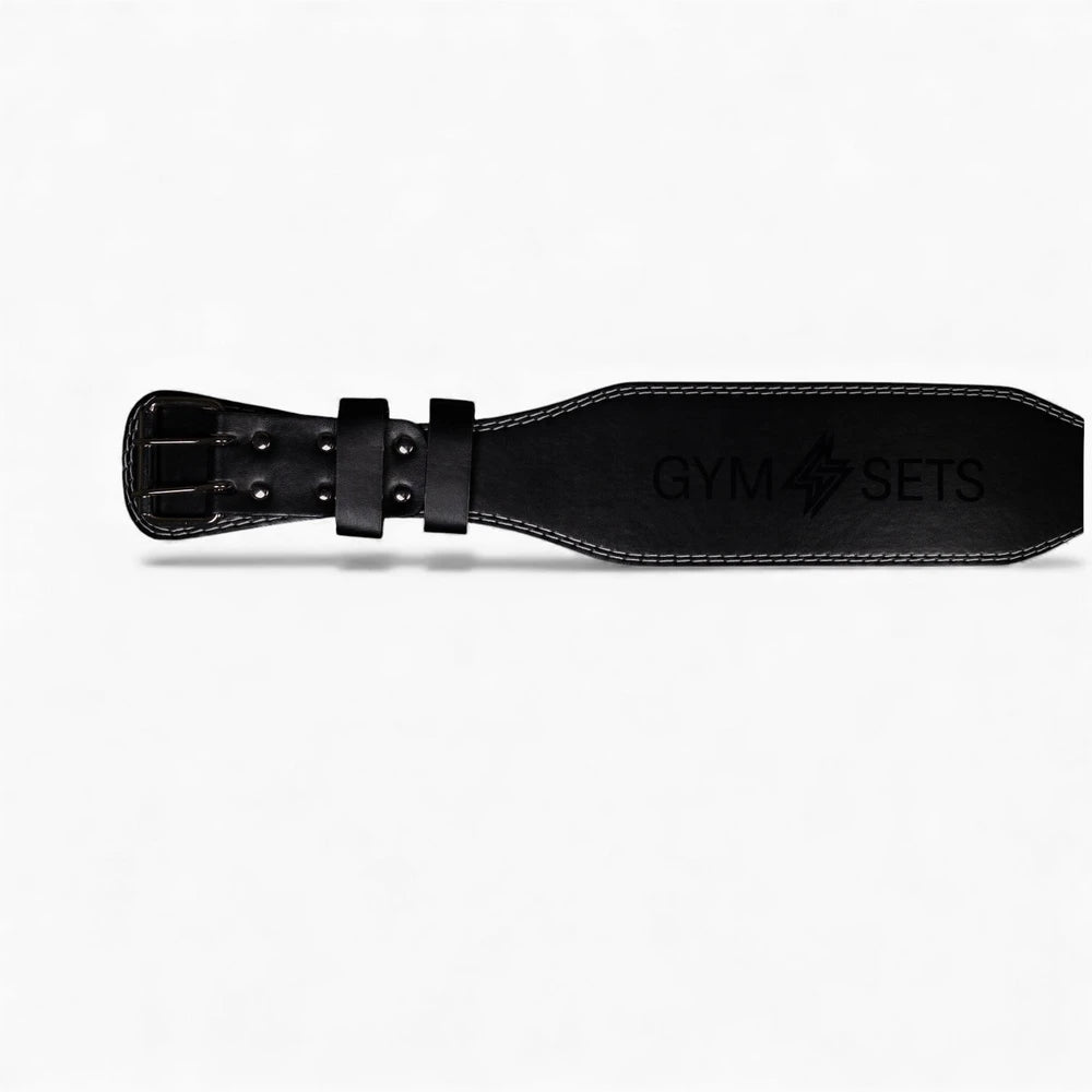 Black leather strap with white stitching and fastening