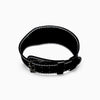 Black leather weight lifting strap with white stitching on a white background