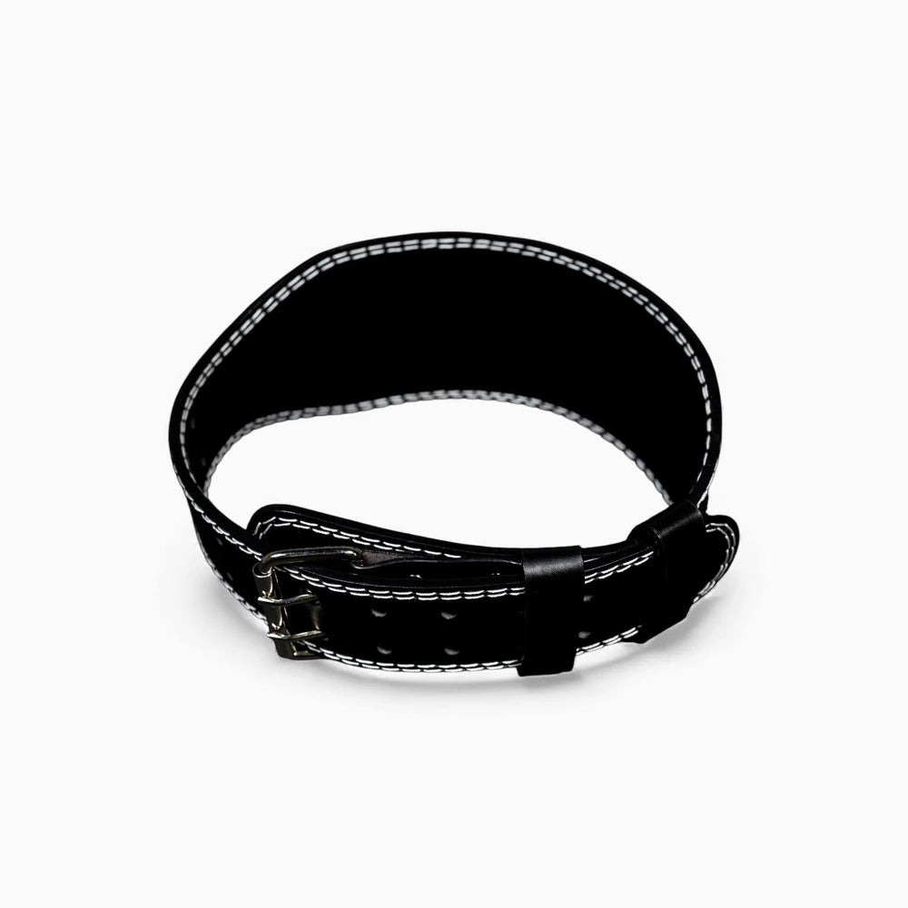 Black leather weight lifting strap with white stitching on a white background